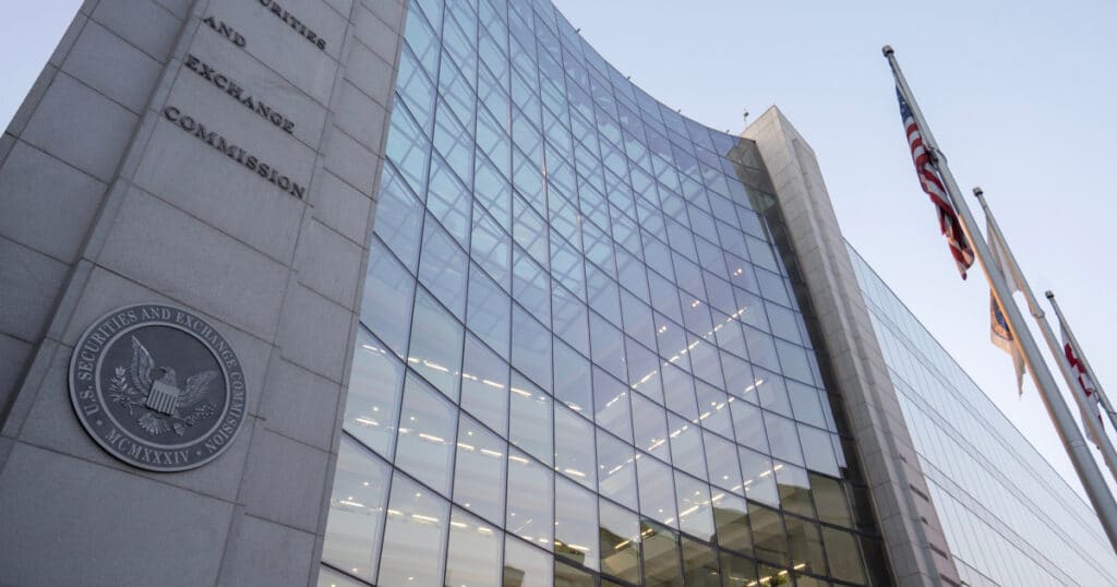 Exterior view of the U.S. Securities and Exchange Commission building representing federal government agencies and civilian employment.