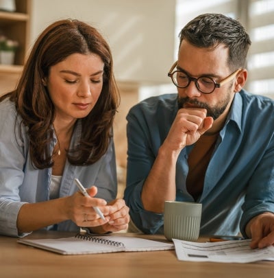 Two colleagues sit at a table, one writing in a notebook while the other studies papers and rests his chin on his hand.