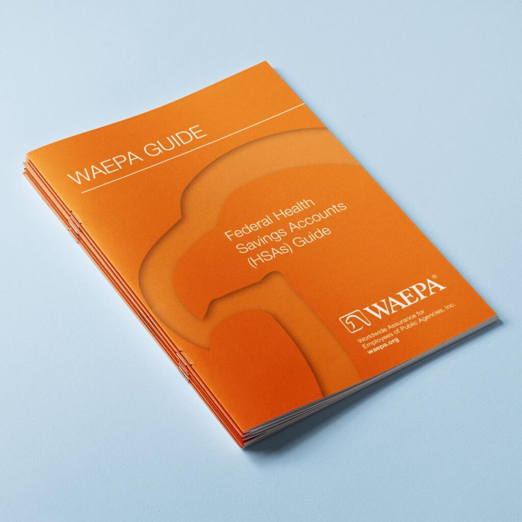 Orange WAEPA Guide booklet titled 'Federal Health Savings Accounts (HSAs) Guide' on a light blue surface, angled view.